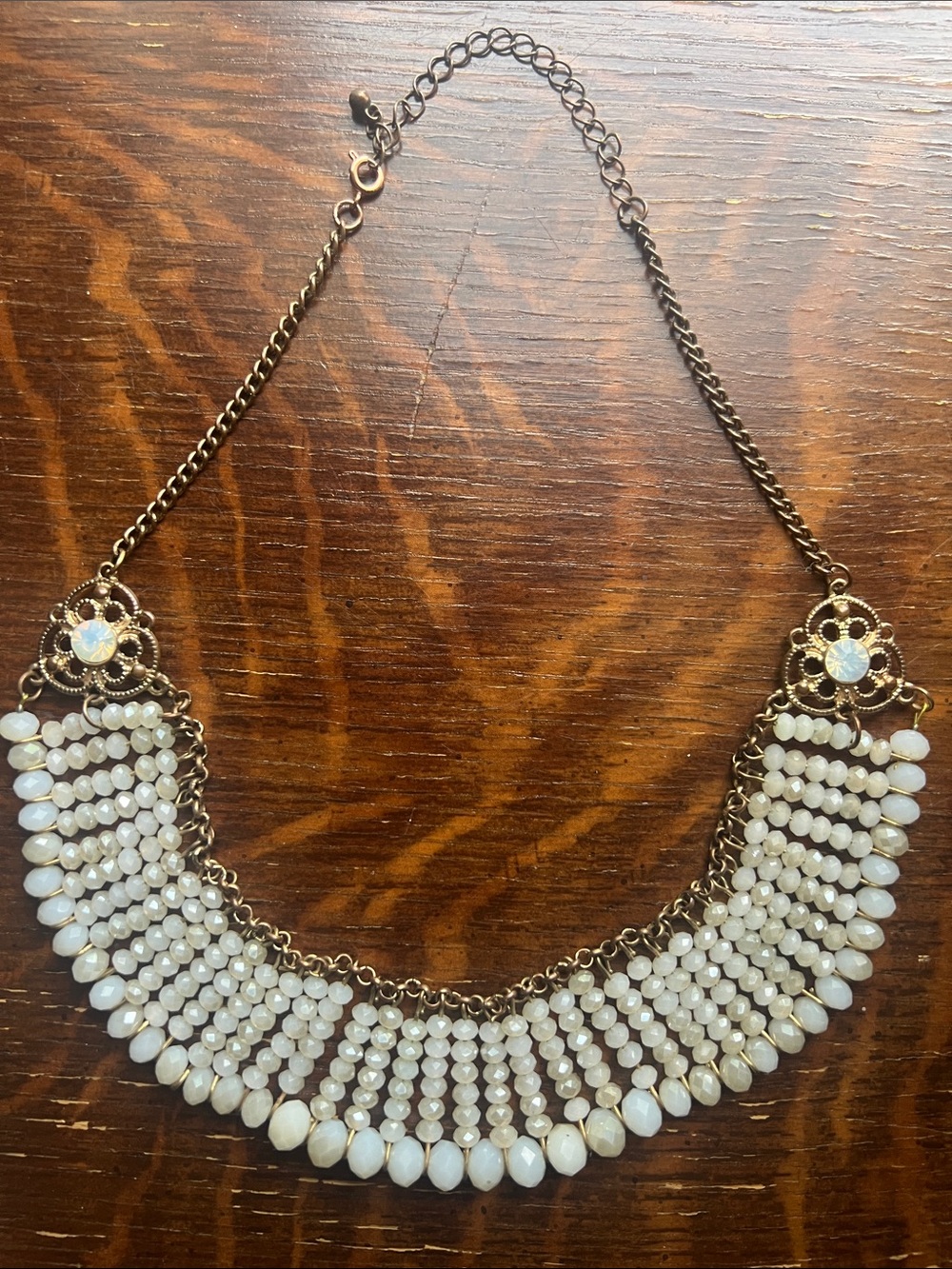 1920-40s Art Deco White Glass Beads & Pale Blue Rhinestones Statement Necklace